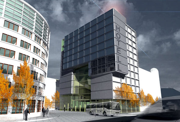 En modell av Ricas hotell i Lars Hilles gate, Bergen, som skal være på plass i løpet av mai 2012.